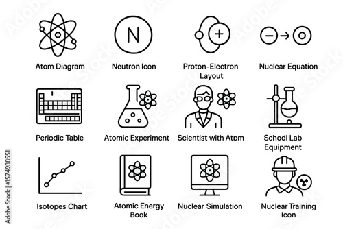 Scientific icons featuring atoms, neutrons, and lab equipment illustrations