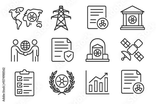 Black line icons representing energy, policy, and globalization themes