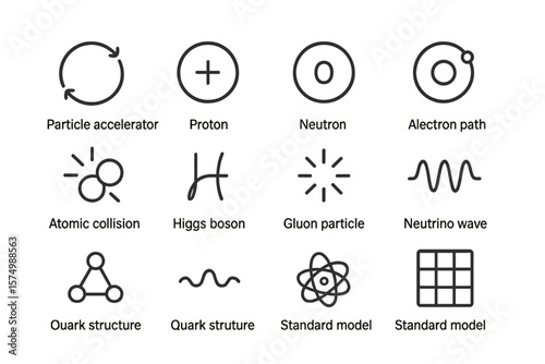 Abstract scientific icons on dark background - particle accelerator, proton, neutron