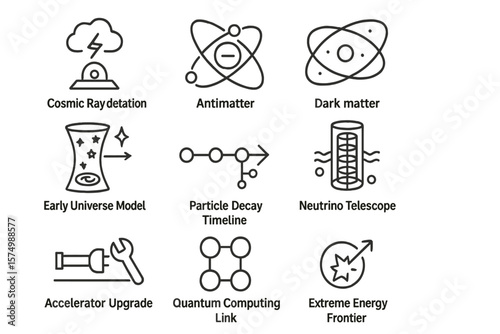 Scientific icons: cosmic rays, antimatter, dark matter, neutrino telescope