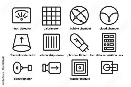 Scientific instruments: muon detector, calorimeter, bubble chamber icons