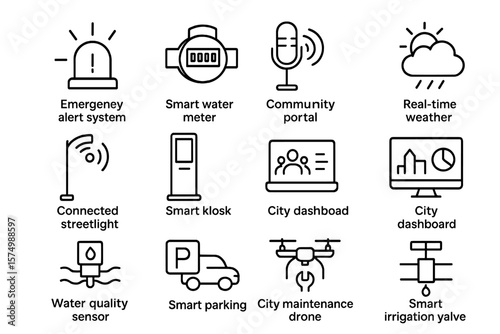 Smart city solutions icons: water, parking, and weather systems