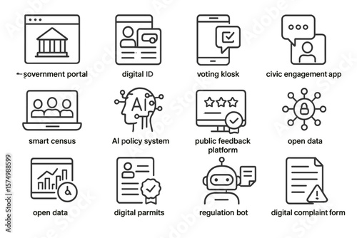 Government technology icons: digital id, voting kiosk, civic engagement apps