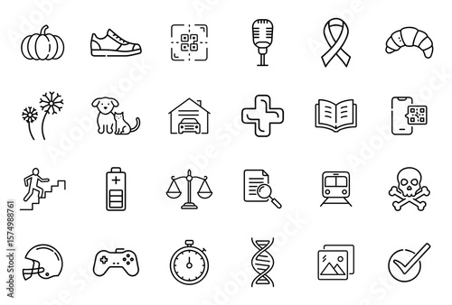 Set of outline vector icons including dog, qrcode, book, gamepad, sneaker, book, battery, microphone, stopwatch, awareness ribbon and DNA