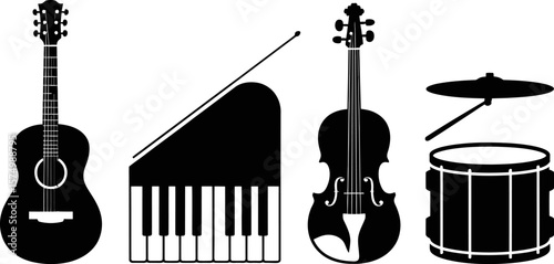 Music instruments vector illustration: guitar, piano, violin, and drums perfect for music education use editable