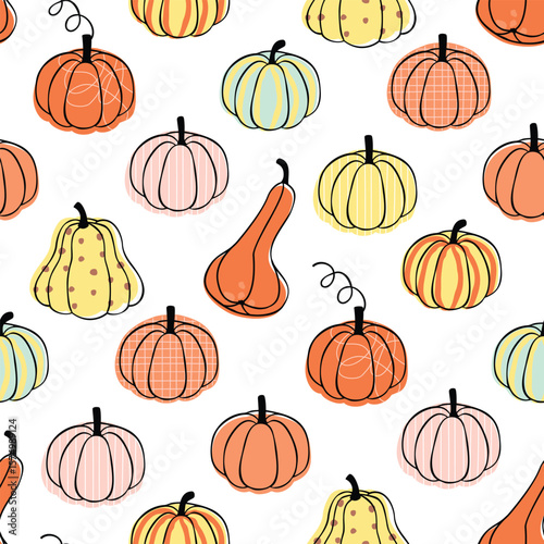 Pumpkins seamless pattern. Autumn print with doodle elements. Various vegetables with outlines and textures. Orange, yellow, pink, blue colors on white background. Vector design for textile, wallpaper