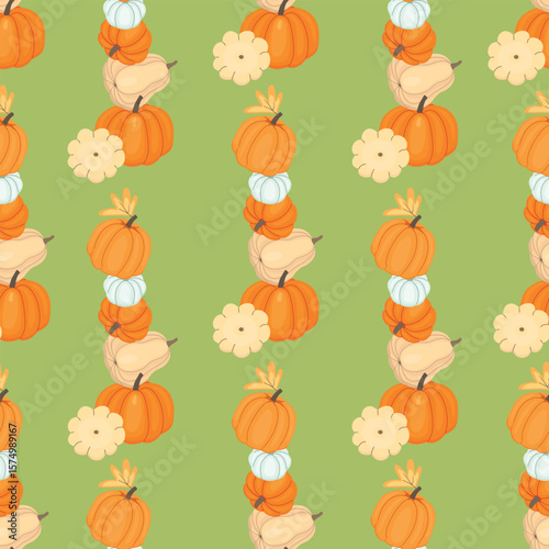 Pumpkins seamless pattern. Autumn print with vegetables stacked in a pile. Cartoon objects of various shapes and colors. Orange, blue, beige and yellow on green background. Vector design for textile.