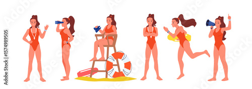 Female beach lifeguard characters in actions set. Girl in red swimsuit running to rescue tourists, sitting on safety tower with binoculars, speaking into loudspeaker cartoon vector illustration