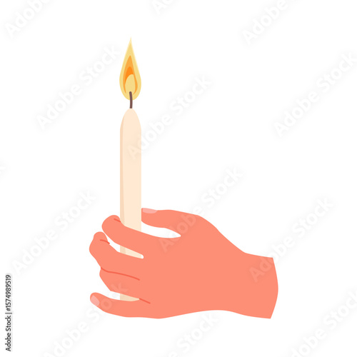 Human hand holding one white burning candle with flame on wick. Glowing candle in palm for religious ceremony in church, funeral prayer and spiritual meditation, festival cartoon