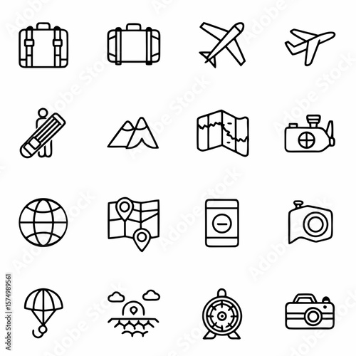 Travel and tourism icons set vacation trip planning adventure journey destination outline symbols vector design
