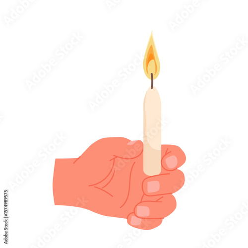 Human hand holding one white thin candle to celebrate religious holiday. Fingers of palm hold burning wax candle in holy ceremony of church, worship meditation and prayer cartoon vector illustration