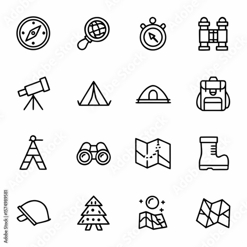 Camping and hiking equipment icons set for outdoor adventure travel gear and exploration vector illustration