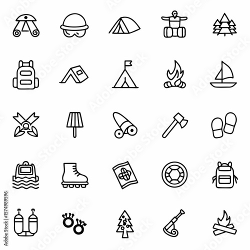 Camping and outdoor recreation icons set adventure gear equipment and travel accessories vector line design