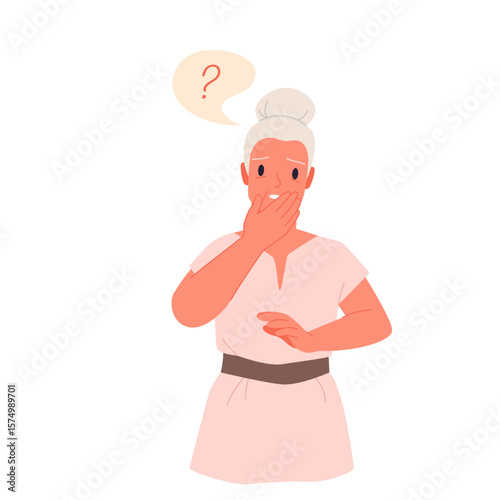 Old sad woman with Alzheimer symptoms, confused grandmother with worry and question marks in thoughts cartoon. Memory loss problem, diagnosis of dementia in elderly patient