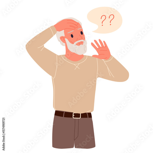 Old sad man holding head in hands in worry and doubt, cognitive problem of forgetful confused elderly patient cartoon. Memory loss problem, diagnosis of dementia in senior people
