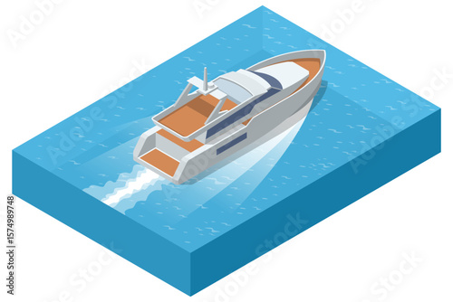 Isometric yacht moving on blue water. The yacht is leaving a wake behind as it sails. Travel, luxury, marine transport, or summer vacation. Top view of a modern, luxurious yacht speeding on water.