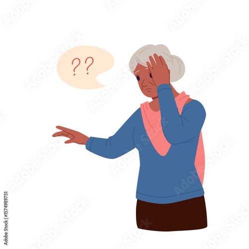 Old sad woman with Alzheimer symptoms, confused grandmother with worry and question marks in thoughts cartoon. Memory loss problem, diagnosis of dementia in elderly patient
