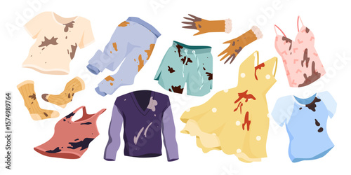 Dirty clothes with stains set. Old messy wardrobe pile of jeans and cotton dress with dirt and mud spots, smelly socks and unclean pants, shabby untidy textile clothing cartoon vector illustration