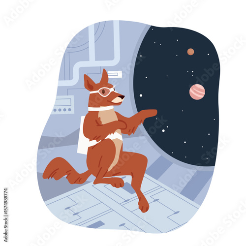 Dog astronaut flying in zero gravity near porthole with view of outer space with planets and stars. Weightless puppy in glasses and suit inside spaceship rocket interior cartoon vector illustration