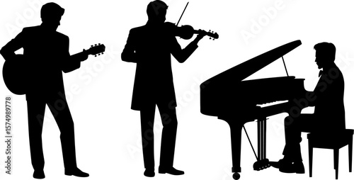 Silhouette musicians playing musical instruments guitar violin and piano performance concert band jazz editable