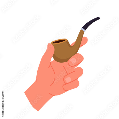 Hand of smoker man holding classic brown smoking pipe with tobacco to smoke. Fingers of male character hold Sherlocks pipe for elegant leisure with retro accessory cartoon vector illustration