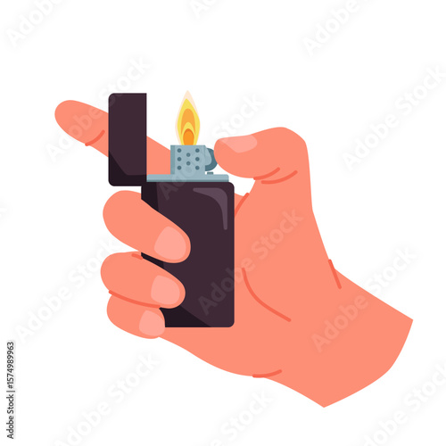 Hand of man holding pocket lighter with fire to light cigarette or cigar for smoking. Fingers of male smoker character hold open black plastic box with spark flame cartoon vector illustration