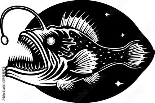 Silhouette of an anglerfish with a glowing lure in deep sea