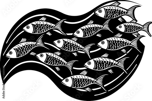 Graceful school of fish swimming in perfect harmony silhouette