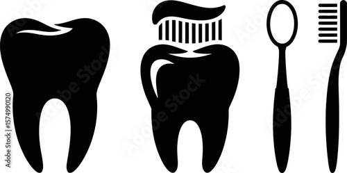 Dental care and oral hygiene illustration featuring tooth toothbrush and dental mirror for healthy teeth editable