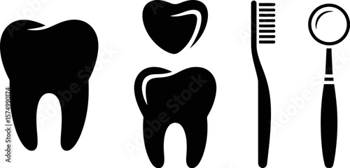 Dental care and oral hygiene concept with tooth toothbrush and dental mirror vector illustration editable