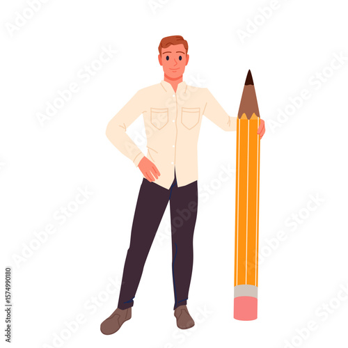 Happy man holding big pencil to write letter or draw, creative work of author. Tiny young confident male student character in white shirt standing with giant wooden pencil cartoon vector illustration