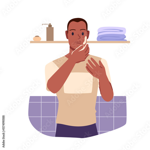 Man applying cream to face for daily grooming procedure and beauty skincare routine. Young guy doing massage with cosmetic product in home bathroom to moisturize skin cartoon vector illustration