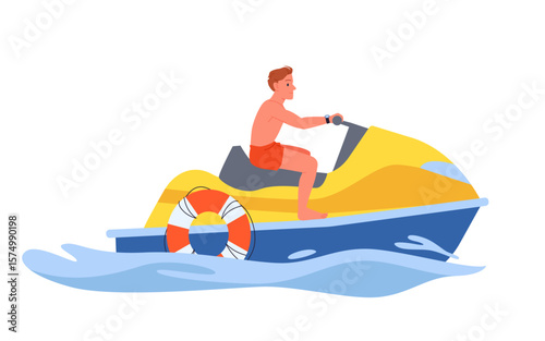Male lifeguard riding jet ski in ocean or sea water splashes. Young man on seadoo boat with safe lifebuoy rushing to save drowning people, emergency guard on aquabike cartoon vector illustration