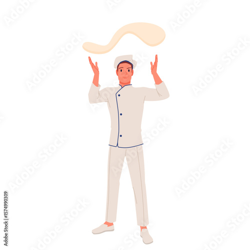 Italian pizza chef tossing dough in kitchen. Happy man in restaurant or bakery uniform and hat standing, professional baker flipping flatbread to make traditional pizza cartoon vector illustration