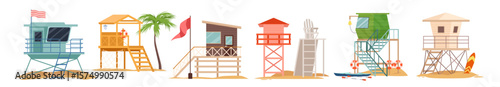 Lifeguards wooden towers set. Beach huts with emergency equipment and window, chair for monitoring people swimming, seaside houses station with lifebuoy and surfboard cartoon
