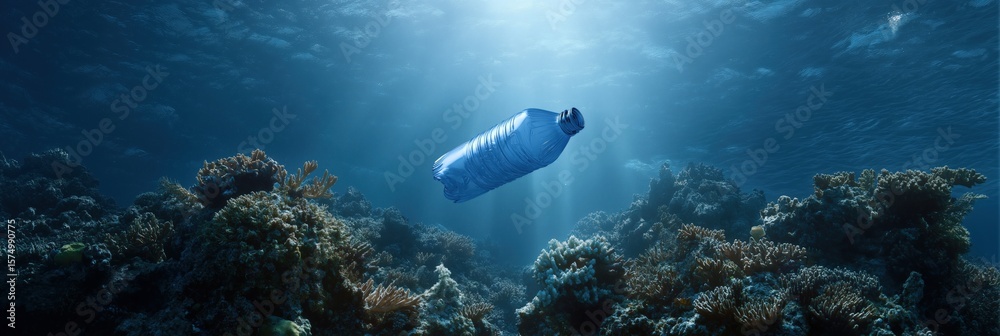 Fototapeta premium Plastic bottle floating above coral reef with sunlight streaming underwater
