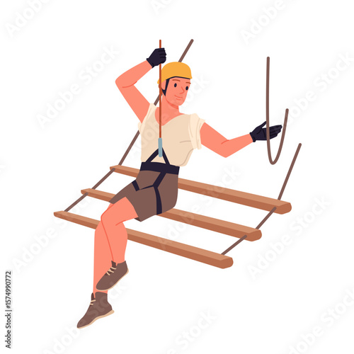 Climbing adventure in summer rope park of young woman. Back view of girl wearing safety belt and helmet for height danger protection, climber standing on tree wooden platform cartoon vector