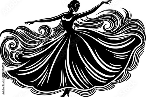Graceful dancer silhouette mid twirl with a flowing dress design