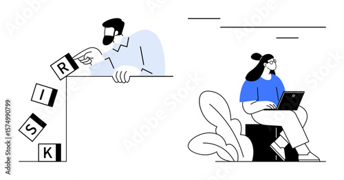 Man tipping blocks symbolizing risk as a woman focuses on her laptop, depicting decisions and their outcomes. Ideal for risk management, decision-making, contrast, responsibility, analysis, business