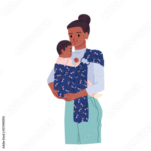 Young mother carrying baby wrapped in checkered sling blanket. Front portrait of happy mom and toddler, woman hugging kid in purple wrap carrier with love and care