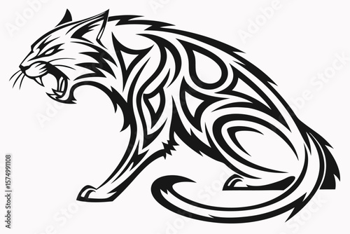 Fierce black tribal style cat illustration with bold lines