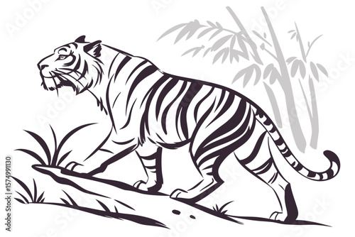 Artistic sumi e style black brush tiger in dynamic pose