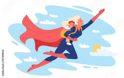 Happy Mothers Day, strong supermom character flying in sky with son. Brave young woman in heroic superhuman costume and red cape holding cute baby boy in hand with love cartoon vector illustration