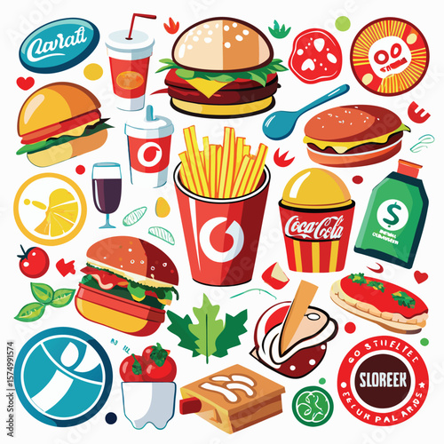 Assorted fast food items including burgers, fries, drinks, and more