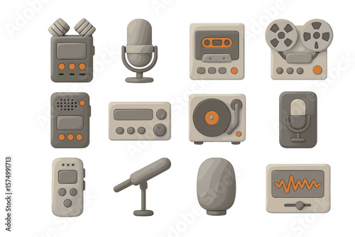 Retro audio equipment collection with vintage recording devices and microphones