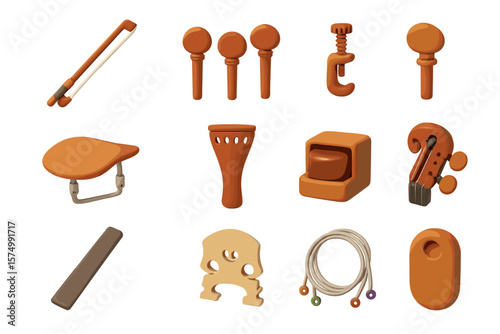 Abstract collection of musical instrument parts in orange and brown tones