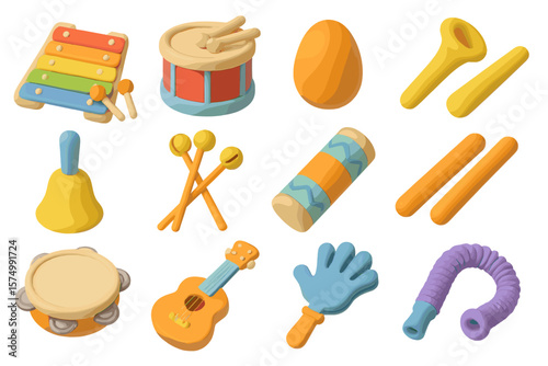 Colorful toy instruments collection on gradient background