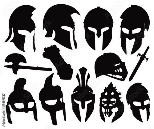 Greek Roman helmets. Ancient warrior knight head armor with visor plumage, spartan fighter protective elements flat style. Silhouettes of gladiatorial combat hats. warrior head helmet, medieval knight