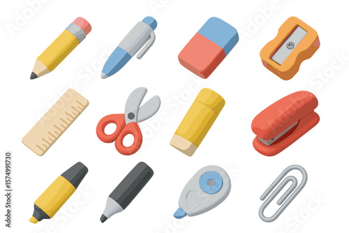 Colorful 3d stationery set with pencil, scissors, ruler, pen, eraser, sharpener