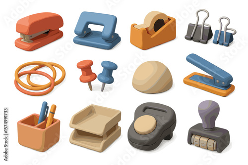 Assorted colorful office supplies on gradient background